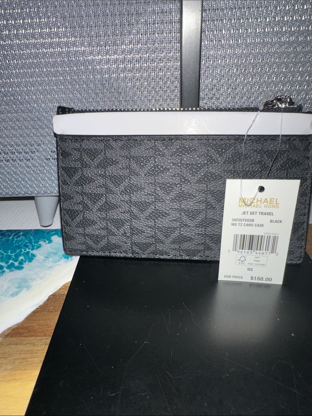 Michael Kors Black Signature Zip Card Case with White Trim